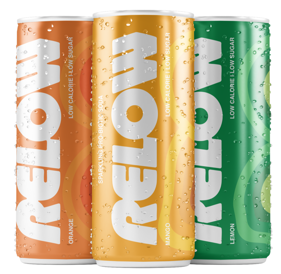 Three Relow cans: orange, mango and lemon